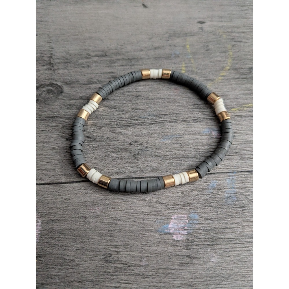 Grey White Gold Heishi Bead Stretch Bracelet Handmade Minimalist Jewelry
